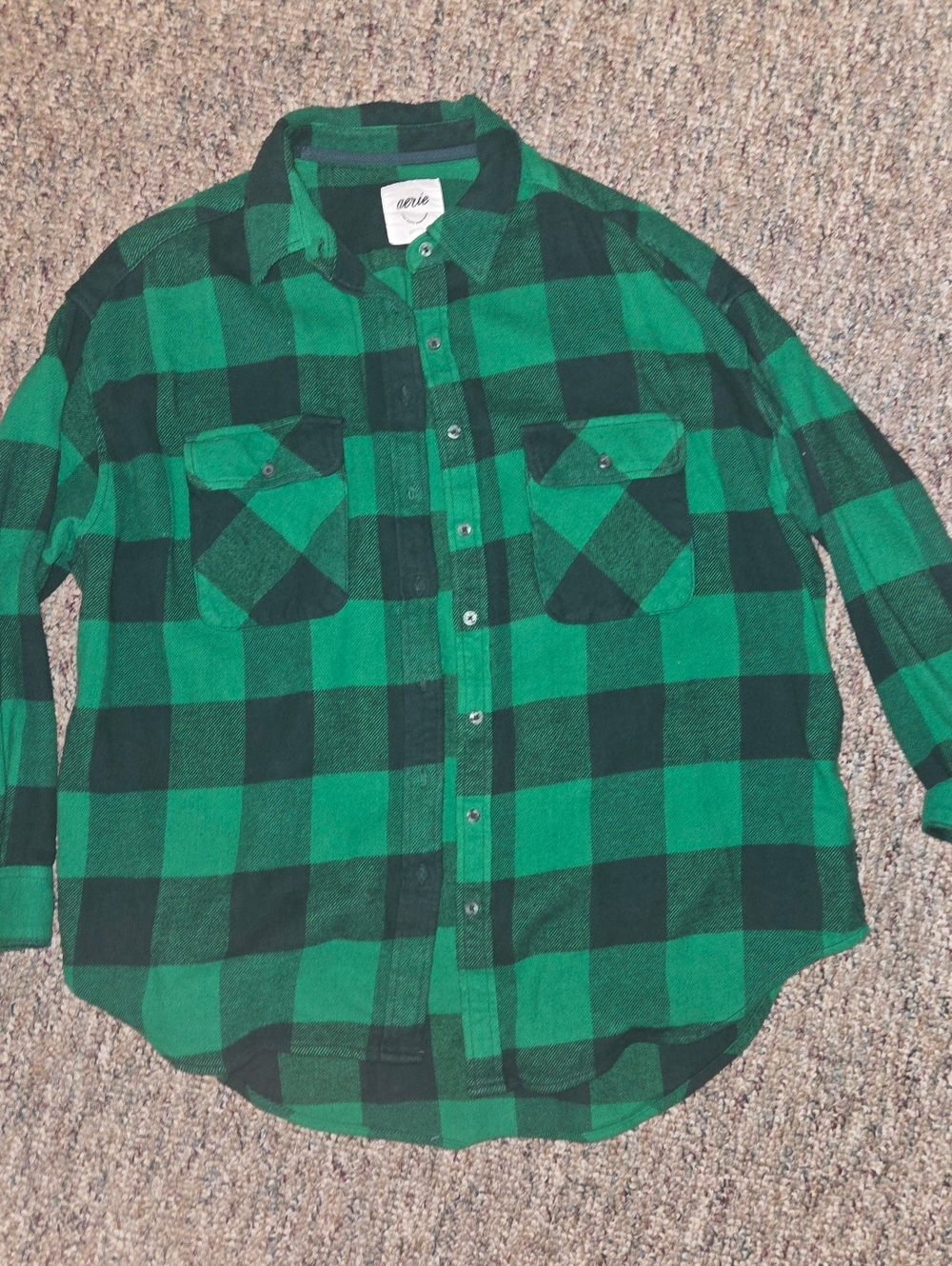 Aerie Oversized Green and Black Buffalo Plaid Button-Up Shirt